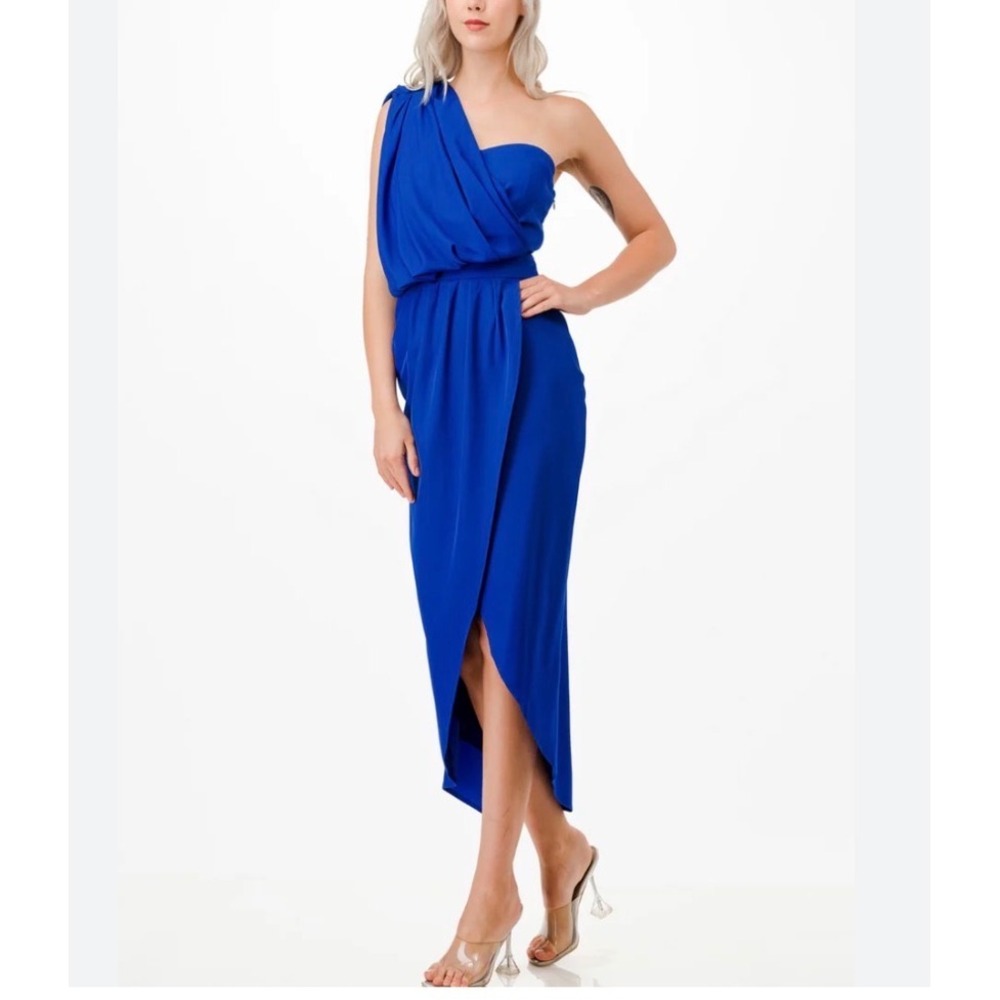 The Clothing Company Royal Blue One Shoulder Tulip Wrap Midi Dress Small